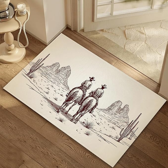 Door Mat, Western Cowboy Rugs for Front Door,Non-Slip Vintage Desert Cactus Low Profile Indoor Outdoor Welcome Mat for Entry Patio, Porch, Hallways,Kitchen 30 x 17 Inch