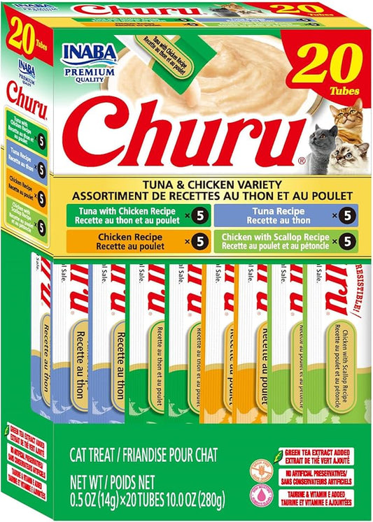 INABA Churu Cat Treats, Lickable, Squeezable Creamy Purée Cat Treat with Green Tea Extract & Taurine, 0.5oz. Each Tube, 20 Tubes, Tuna & Chicken Variety