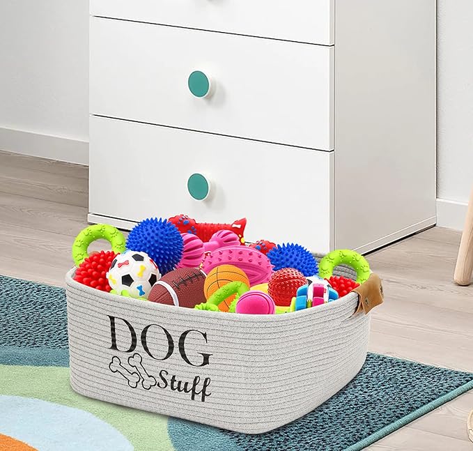 Geyecete Square Dog toy basket storage Cotton Rope Storage Basket Pet/Pet Toy And Accessory Storage Bin Doy Toy Box-Gray