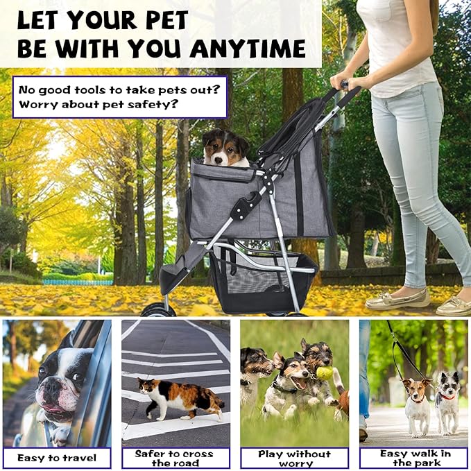 Dog Stroller for Small Dogs,Pet Stroller Strolling Cart Folding Pet Gear Lightweight Waterproof with Storage Basket for Puppy Small Medium Dogs Cats for Travel,Grey