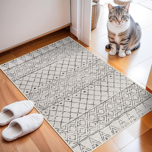 2x3 Entryway Rug Washable - Moroccan Small Area Rugs for Entryway Low Pile Indoor Mat Non Slip with Rubber Backing Thin Area Rug Pet Friendly for Front Door Kitchen Bedroom 2x3 Geo Grey