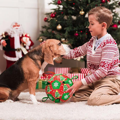 Dog Soccer Toy with Straps - Interactive Ball for Tug of War, Medium Large Dogs - Christmas Xmas Tree Snowflower Pattern