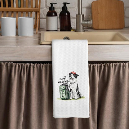 Golf Dog Kitchen Towels - Border Collie Dish Towels, Sports Gifts, Pet Golf Club Decorative Absorbent Dishcloths Hand Towels for Kitchen Gym Spa Decor 16x24 Inches