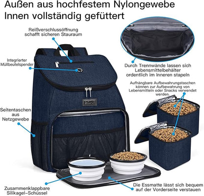 BAGLHER丨Dog Travel Bag, Airline Approved Pet Supplies Backpack, Dog Travel Backpack with 2 Silicone Collapsible Bowls and 2 Food Baskets