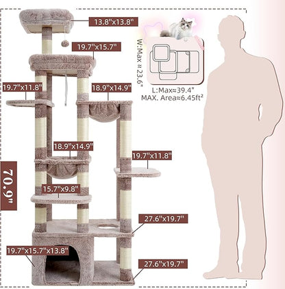 Heybly Cat Tree, 71-Inch Tall Cat Tower for Large Maine Coon Cats with Extra-Large Baseboard, Cat Condo Furniture with Multi-Level Platforms, 2 Hammocks and 12 Scratching Posts, Muchroom HCT037MU
