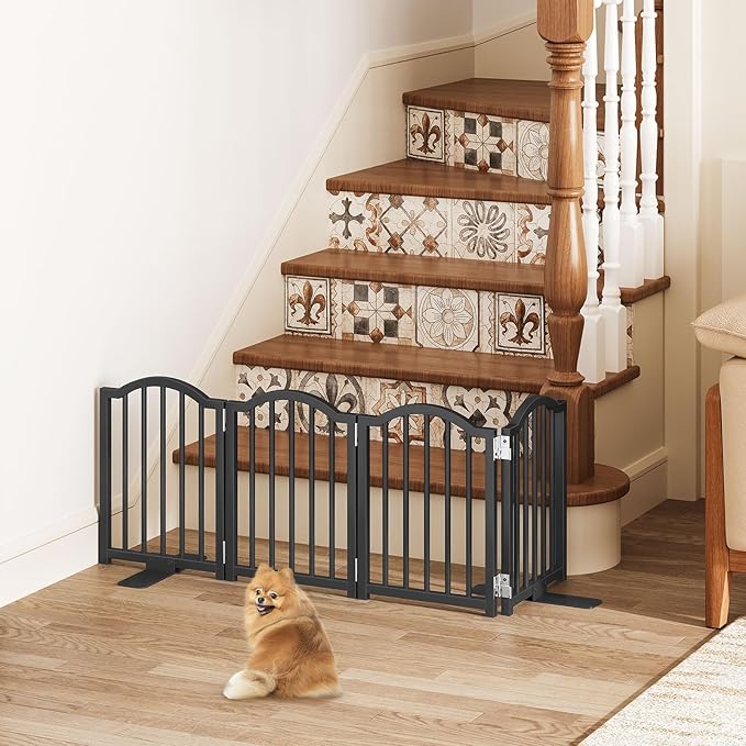 Snughome Short Dog Gate Indoor, 16" High Freestanding Small Dog Door Gate with Support Feet, Expands Up to 48’’ Wide Foldable Pet Gates for Doorway, 4 Panel Folding Pet Door Pet Fence for Puppy, Black
