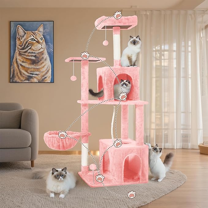 Cat Tree, 54-Inch Cat Tower for Indoor Cats, Soft Plush Multi-Level Climbing Cat Condo with Scratching Posts, Basket, Perches,2 Caves,2 Pompoms Play House for Cat(Pink)