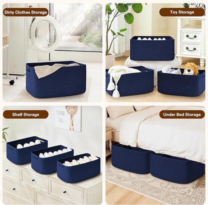 4 Pack Large Storage Basket for Organizing, 17.5"x13"x7" Woven Basket for Shelves, Closet Cube Storage Bins with Wrapped Handle, Cotton Rope Baskets for Kitchen, Clothes, Toys(Navy Blue)