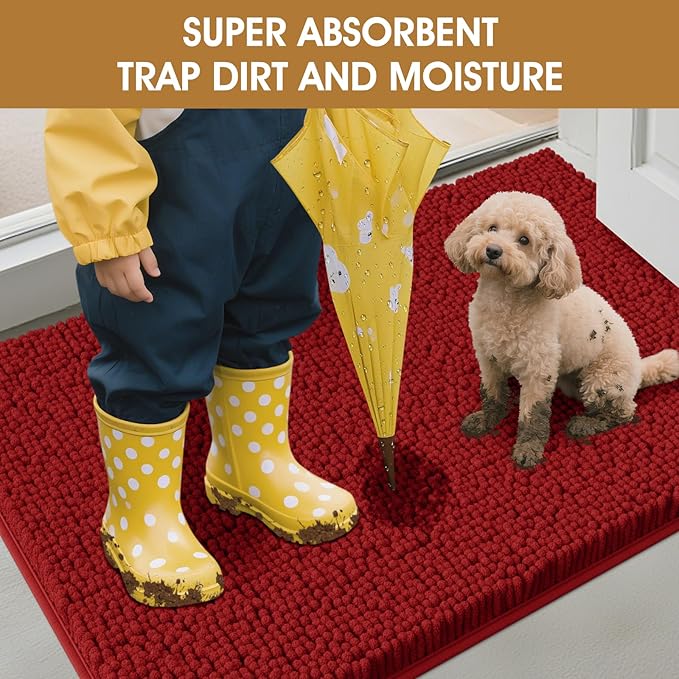 IM HOME Dog Door Mats for Muddy Paws, 36" X 24" Christmas Chenille Absorbent Doormat, Non Slip Heavy Dog Rugs for Muddy Paws, Soft Indoor Door Mat for Entryway, Mud Paw, Inside Floor, Red