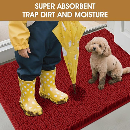 IM HOME Dog Door Mats for Muddy Paws, 36" X 24" Christmas Chenille Absorbent Doormat, Non Slip Heavy Dog Rugs for Muddy Paws, Soft Indoor Door Mat for Entryway, Mud Paw, Inside Floor, Red