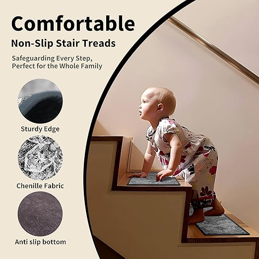 Non-Slip Carpet Stair Treads 7PCS, 8"x30" Peel and Stick Stair Runner for Wooden Steps Indoor, Washable Reusable Adhesive Backing, Pet-Friendly Safety Mats for Kids, Elders, Dogs