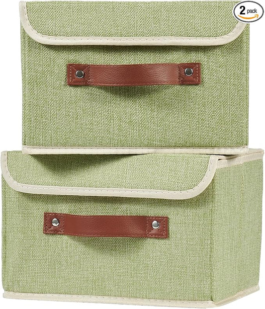 2PCS Storage Boxes with Lid Cotton Linen Fabric Storage Bins Organizer Container Decorative Collapsible Washable Shelf Closet Baskets Faux Leather Handles Home Bedroom (Green, Small Size)