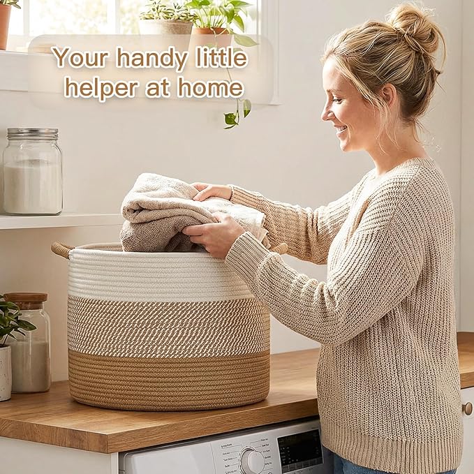 70L Large Cotton Rope Basket, Decorative Woven Blanket Storage for Living Room, Boho Toy Storage & Toy Box for Kids, Versatile Laundry Basket & Nursery Hamper for Blankets(Brown)