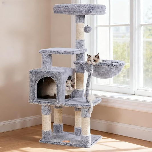 Heybly Cat Tree with Toy, Cat Tower Condo for Indoor Cats, Cat House with Padded Plush Perch, Cozy Hammock and Sisal Scratching Posts, Pewter HCT004SPE