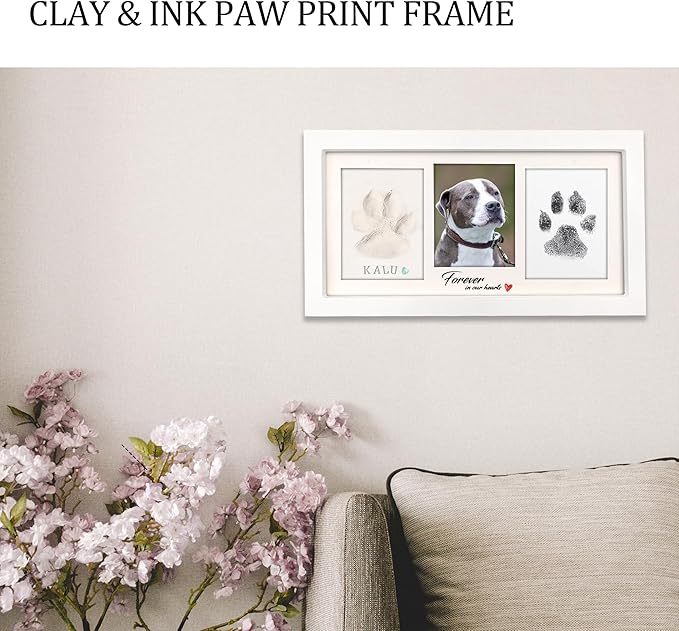 MYPAWLETS Extra Large Paw Print Frame Kit,Dog/Cat Paw Print Kit,Soft Pawprint Clay&Clean Touch Ink Pad,Pet Paw Print Impression Kit with Customization Tool,Wooden Pet Memorial Frame-White