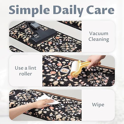 RORA Bullnose Carpet Stair Treads Non-Slip Stair Treads for Wooden Steps,Washable Stair Carpet,Floral Stair Rugs,Runner Indoor Stair Mats for Pets Elder,14pcs,29.5 ''x9.5 ”x1.5 '',Black