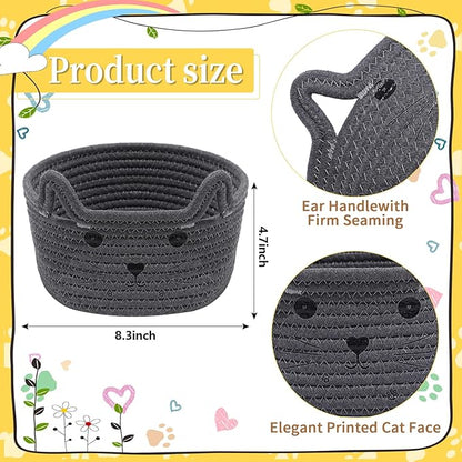 Zopeal Cat Basket Storage Woven Organizer with Ears Easter Decorative Pet Toy Cute Cotton Rope Basket for Gift Cat Dog Toy Bin Nursery Room(8.3 x 4.7 Inch,Gray)