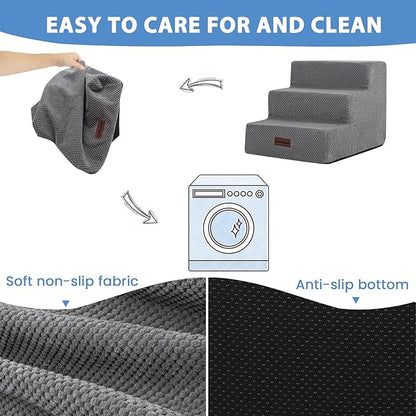 Dog Stairs for Small Dogs, 3-Step Non-Slip Pet Stairs for Couch Sofa and Chair, Dog Bed Stairs for Puppy, Older Cat,Grey,13.6" H