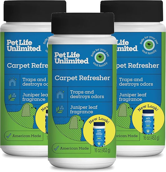 Pet Life Unlimited Carpet Deodorizer Powder, 16 oz, Strong Pet Odor Eliminator & Carpet Freshener, Plant-Based Juniper Leaf Scent, Pet Safe (Pack of 3)