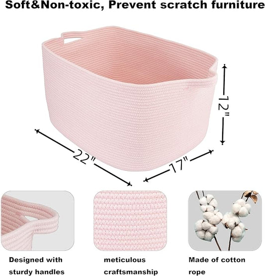 Large Rectangle Blankets Baskets 22"x17"x12" Toy Basket for Kids Woven Cotton Rope Storage Basket for Nursery - Wicker Laundry Baskets for Clothes Towels - Ideal for Living Room Storage pink