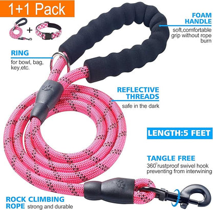 Reflective Dog Collar Padded with Soft Neoprene Breathable Adjustable Nylon Dog Collars for Small Medium Large Dogs (Large (Pack of 1), Pink Plaid Collar+Leash)