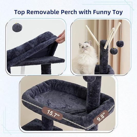 Gitelsnour Cat Tree for Indoor Cats, Cat Tower with Scratching Post for Small Cats and Kittens, Cat House with Removable Top Platform and Fluffy Balls, Hanging Cat Basket, Smoky Gray GCT006SG