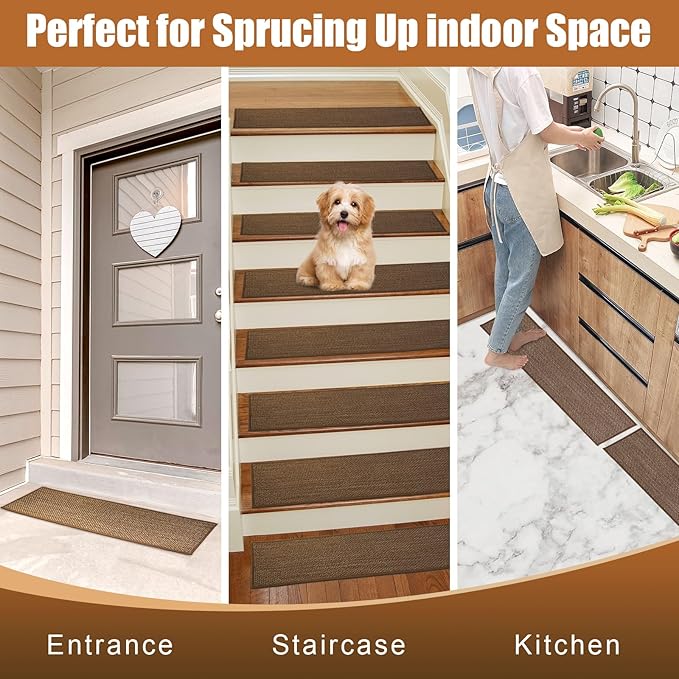 Natural Linen Stair Treads for Wooden Steps Indoor,8" X 30" (4 in Pack) Carpet Stair Treads for Wood Stairs, Machine Washable Stair Runners for Kids Elders and Pets,Brown