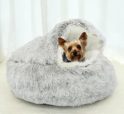 Dog Cave Bed for Small Dogs Cats Pets, Anti Anxiety Calming Plush Dog Beds, Fluffy Covered Hooded Cozy Burrow Puppy Beds, Anti-Slip Bottom Washable Pet Sleeping Bag (20" D, Coffee)
