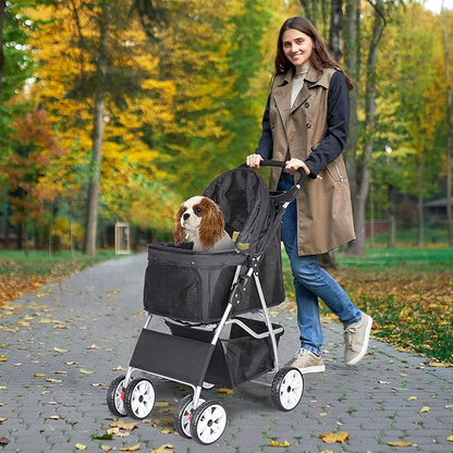 4 Wheels Foldable Pet Dog Cat Jogger Stroller Travel Carrier Strolling Cart w/Waterproof Cover Storage Basket Cup Holder & Removable Liner for Medium Small Cat Dog, Black