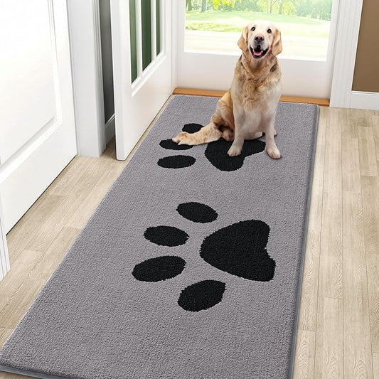 Smiry Dog Door Mat for Muddy Paws, Absorbs Moisture and Dirt, Low-Profile Entryway Mat with Non-Slip Backing, Entry Indoor Outdoor Doormat for Inside Floor (59x24 Inches, Grey, Paw)