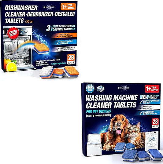 Washing Machine Cleaner Tablets for Pet Owners 28 Pack & Dishwasher Cleaner Deodorizer Descaler Tablets 28 Pack Bundle - 1 Plus Year Supply - Septic Safe Eco Friendly Formula