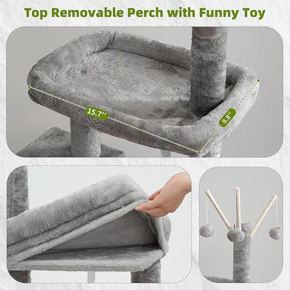 Gitelsnour Cat Tree for Indoor Cats, Cat Tower with Scratching Post for Small Cats and Kittens, Cat House with Removable Top Platform and Fluffy Balls, Hanging Cat Basket, Light Gray GCT006SW