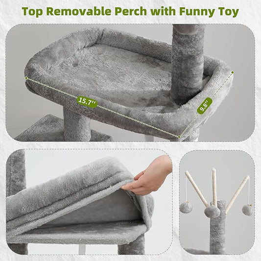 Gitelsnour Cat Tree for Indoor Cats, Cat Tower with Scratching Post for Small Cats and Kittens, Cat House with Removable Top Platform and Fluffy Balls, Hanging Cat Basket, Light Gray GCT006SW