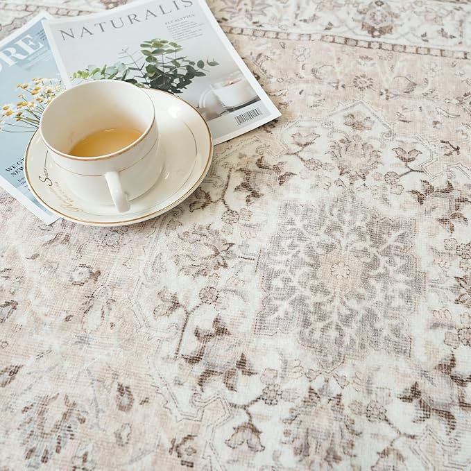 Living Room 4x6 Area Rugs: Vintage Farmhouse Washable Non-Slip Rug for Bedroom Dining Room Ultra Soft Indoor Carpet for Nursery Kitchen Durable Low-Pile Neutral Floor Mat for Pet Owners(4x6 Beige)