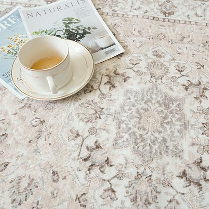 Living Room 4x6 Area Rugs: Vintage Farmhouse Washable Non-Slip Rug for Bedroom Dining Room Ultra Soft Indoor Carpet for Nursery Kitchen Durable Low-Pile Neutral Floor Mat for Pet Owners(4x6 Beige)