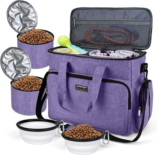 BAGLHER Dog Travel Bag, Airline Approved Pet Tote Organizer with Multi-Function Pockets, 2 X Food Storage Containers and 2 X Collapsible Bowls, Perfect Weekend Pet Travel Set for Dog, Cat Purple
