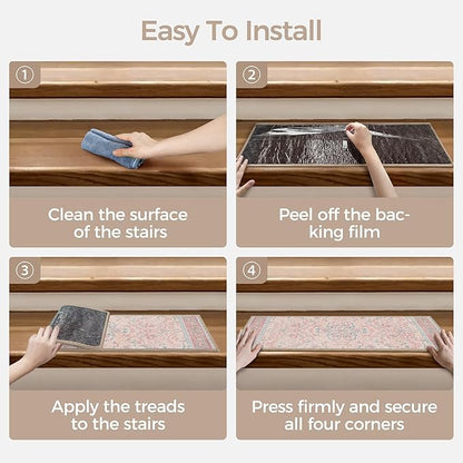 Non Slip Stair Treads for Wooden Steps 15PCS - 8"x30" Indoor Safety Carpet, Edging Mats with TPE Adhesive Backing, Pet and Elderly Friendly Stair Rugs (Light Pink Blue)