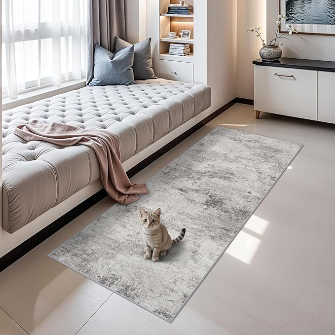 Rug Runners Abstract 2x6 - Washable Hallway Runner Rugs Non Slip Kitchen Carpet Low Pile Soft Indoor Floor Mat Front Door for Bedroom Entryway Laundry 2x6 Grey