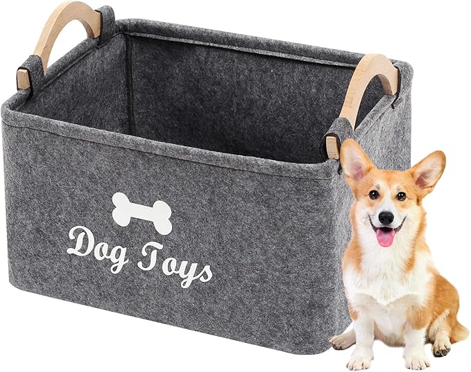Geyecete Dog Toys Storage Bins - with Wooden Handle, Collapsible Pet Supplies Storage Basket Pet Supplies Storage Basket/Bin Kids Toy Chest Storage Trunk (Grey)