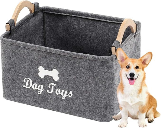 Geyecete Dog Toys Storage Bins - with Wooden Handle, Collapsible Pet Supplies Storage Basket Pet Supplies Storage Basket/Bin Kids Toy Chest Storage Trunk (Grey)