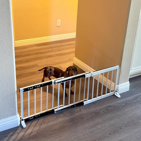 White Metal Dog Gate for Small Dogs - 13.3" Short Freestanding Puppy Gate with Retractable Sliding Rail, No Installation, Indoor/Outdoor Use, Foldable & Portable Pet Barrier