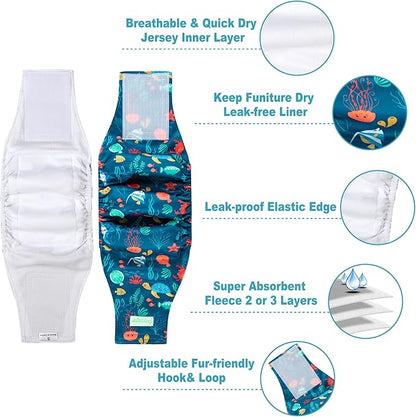 wegreeco Small Dog Diapers Male,Reusable Belly Bands for Male Dogs,Washable Doggie Puppy Diapers Wraps,Medium Large Size (5 Pack Small, Marine Animal)