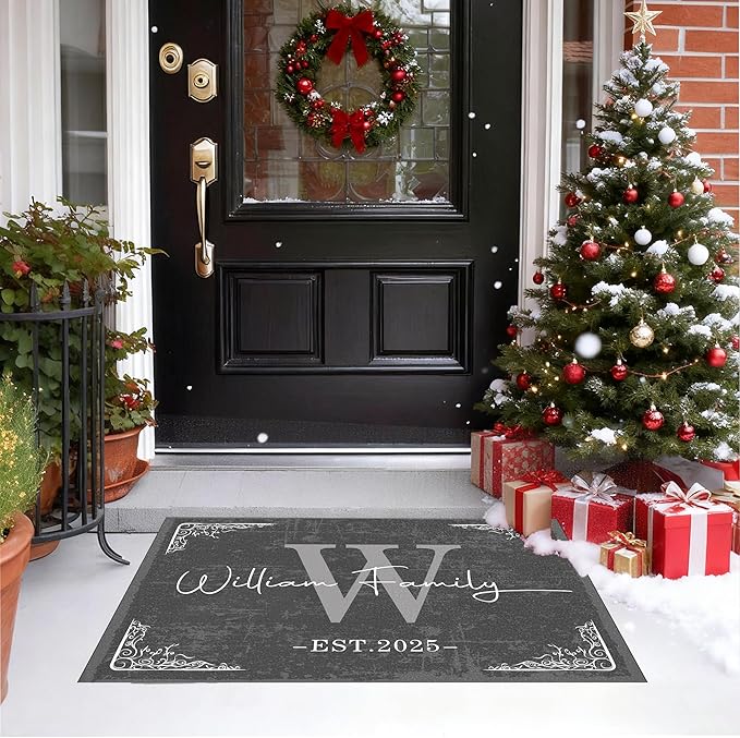 Custom Doormat with Family Name Retro Personalized Entryway Door Mat Front Door Mat for Outdoor Decor Entrance Mat Customised Rug Christmas Housewarming Gift with Anti-Slip Backing