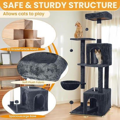 Cat Tree, 54-Inch Cat Tower for Indoor Cats, Soft Plush Multi-Level Climbing Cat Condo with Scratching Posts, Basket, Perches,2 Caves,2 Pompoms Play House for Cat(Dark Gray)