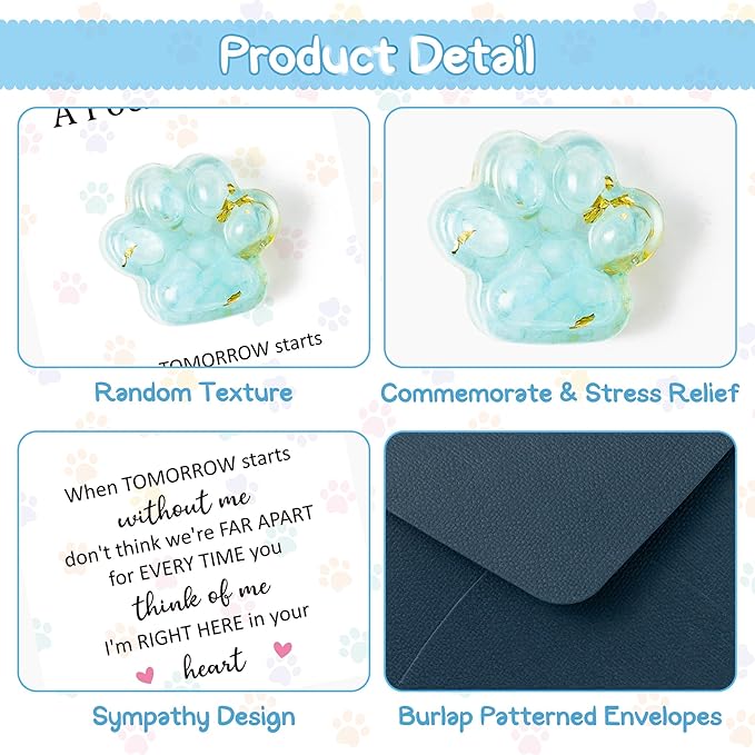 Loss of Pet Sympathy Gift - Blue Crystal Mini Paw Pocket Hug with Memorial Card Envelope Remembrance Bereavement Gift for Loss of Dog Cat Sympathy Favor Adult Pet Lover Stress Relief Supply