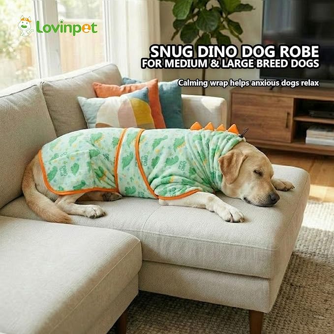 LovinPet 3‑in‑1 Dog Warm Winter Coat & Bathrobe, Hooded Dinosaur Fleece, Lightweight High‑Loft, Absorbent Knit, Quiet Hook‑and‑Loop, Wind‑Blocking Edges, Dog Robes for Medium & Large Dogs, Green,M