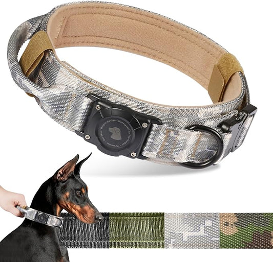 2026 Upgrade Waterproof AirTag Dog Collar, Military Tactical Dog Collar with AirTag Holder, Comfortable Control Handle and Metal Buckle, GPS Dog Collar Holder for Medium to Large Dog(Digital camo, XL)