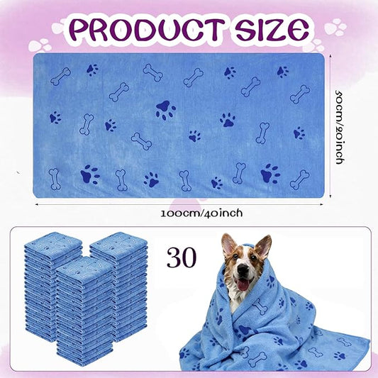 Dog Towels for Drying Dogs Bulk 20 x 40 Inch Quick Drying Pet Bath Towels Colorful Pet Grooming Towel Absorbent Microfiber Towel for Small Medium Large Dog Puppy Cat (Blue, 30)
