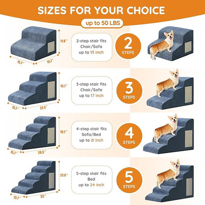 Navy Portable Pet Steps - 4-Step Dog & Cat Ramp for Bed, Couch, Sofa & Chairs - Non-Slip, High Density Foam