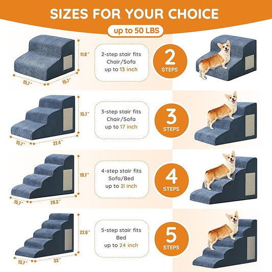 Navy Portable Pet Steps - 4-Step Dog & Cat Ramp for Bed, Couch, Sofa & Chairs - Non-Slip, High Density Foam